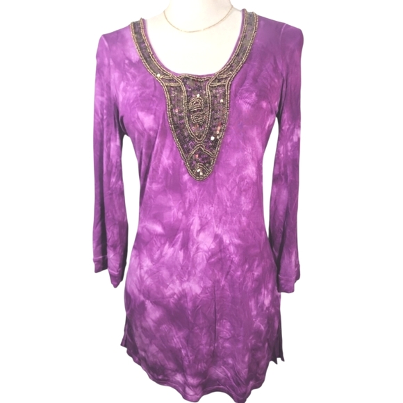 INC International Concepts Tops - INC International Concepts Purple and Gold Embellished 3/4 Sleeve Tunic. S